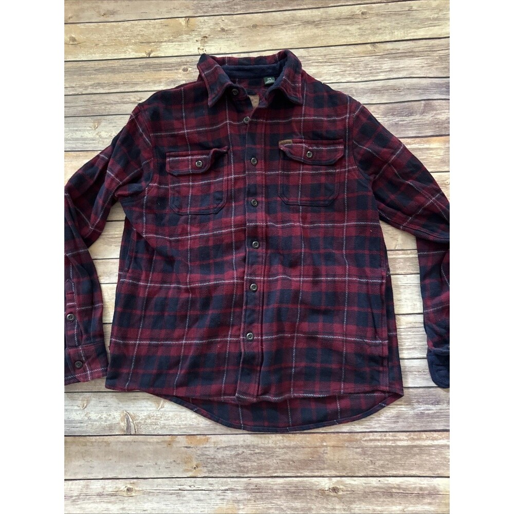 Orvis Shirt Mens M Red Navy Blue Plaid Flannel Button Up Outdoors Heavyweight